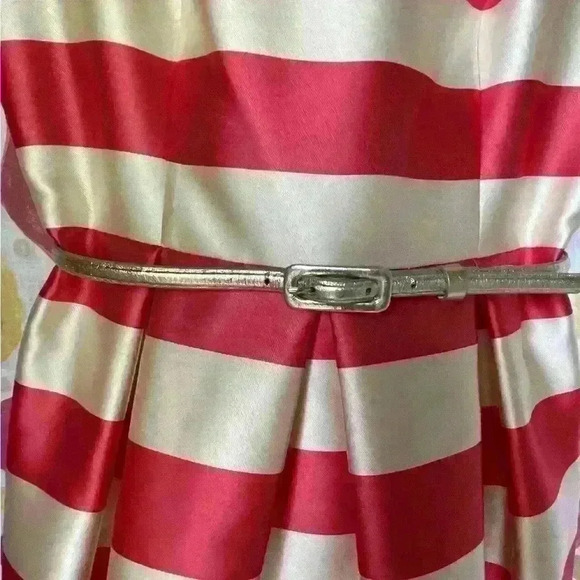 Eliza J Wide Gold Coral Stripe Sleeveless Gold Belt Waist Fit Flare Dress 6 - Picture 5 of 5